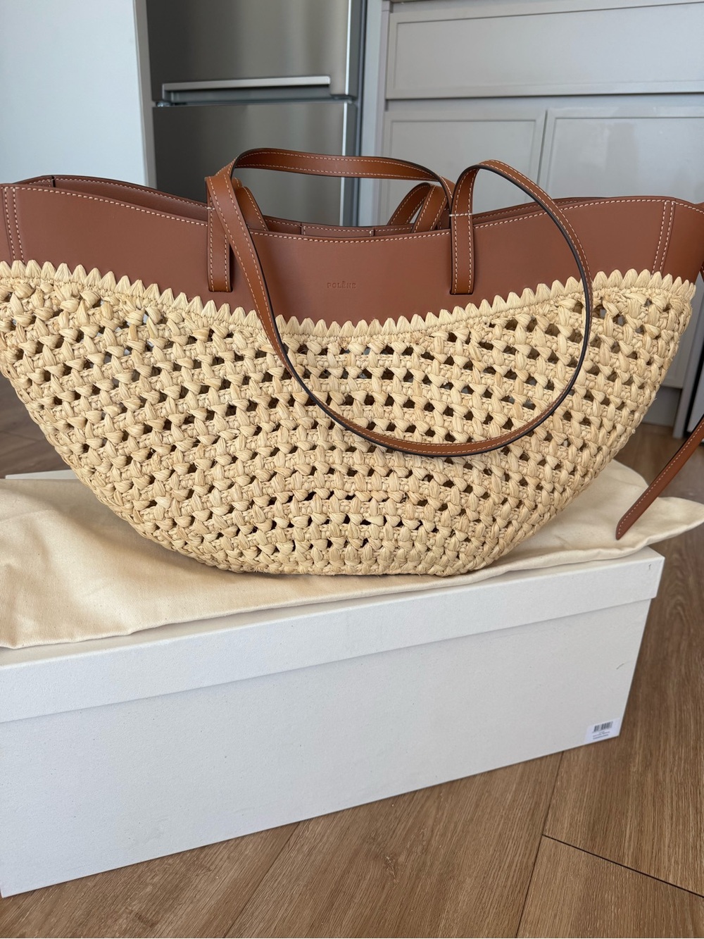 Polene Two-Tone Woven Straw Tote with Tan Leather Trim - Picture 3 of 6
